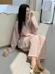 Dazy Plus Plus Size Women Contrast Lace Casual Loose Pajama Set, Suitable For Loungewear Or Outerwear, Fall & Winter Clothes