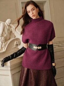 SHEIN Unity 奢华优雅女士短袖腰带毛衣 - 酒紅色 - 查看 5