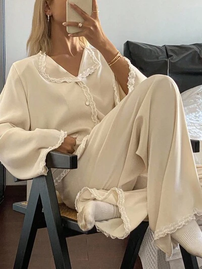 Women's Spring Satin Lace Ruffle Trim Sleepwear Pajama Set, Fall Winter Clothes Pajama