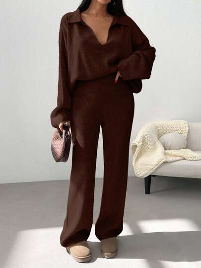 EURMUSE Woman Checkered Jacquard Polo Neck Two Pieces Sweater And Pants Co-Ords