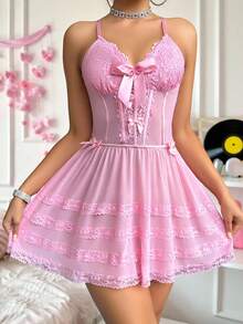 Váy ngủ hở lưng ren hồng ngọt ngào PetitDoll, nơ trang trí, váy ngủ dây mảnh - Màu Hồng baby - Xem 5