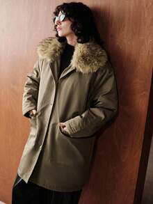 Uhlyne Uhlyne Commuting Casual Loose Comfortable Versatile Detachable Fur Collar Mid-Length Padded Coat For Women - Olive Green - View 7
