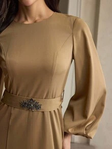 ZEYLAH Robe élégante de soirée à manches lanternes de couleur unie avec cristaux ornés - Kaki - Voir 2