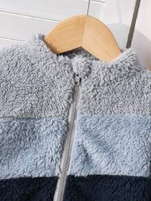 SHEIN Newborn Baby Boy/Girl Colorblock Zip-Up Soft Fleece Jacket, Comfortable & Skin-Friendly, Simple & Fashionable, Suitable For Indoor & Outdoor, Autumn/Winter Fall