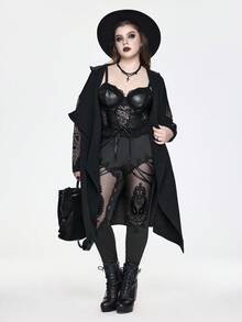 ROMWE EDITION 深色哥特式宫殿印花流苏边大码连帽开衫 - 黑色 - 查看 3