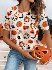 SHEIN LUNE Casual Simple Halloween Loose Round Neck Short Sleeve T-Shirt For Women, Suitable For Summer - Multicolor - View 1