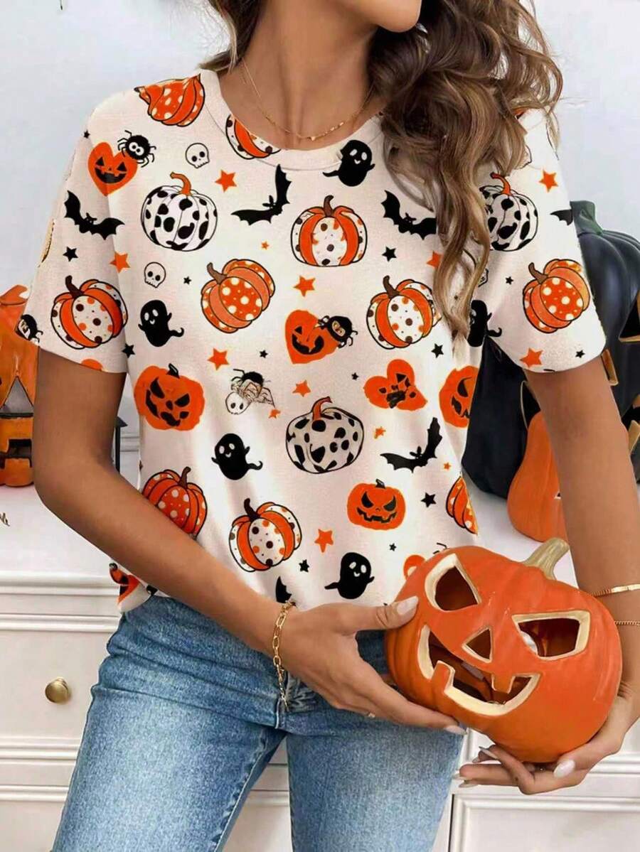 SHEIN LUNE Casual Simple Halloween Loose Round Neck Short Sleeve T-Shirt For Women, Suitable For Summer - Multicolor - View 1