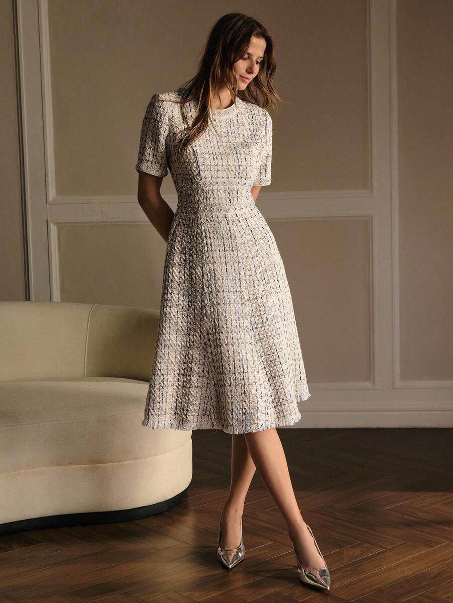 MOTF PREMIUM TWEED SHORT SLEEVE ROUND NECK MERMAID DRESS - Apricot - View 1