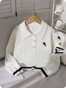 Tween Girl White Half-Placket Button Cable Knit Embroidered Cropped Loose Sweater,Black And White,Autumn,Elegant And Classy,School,Back-To-School - Beige - View 7