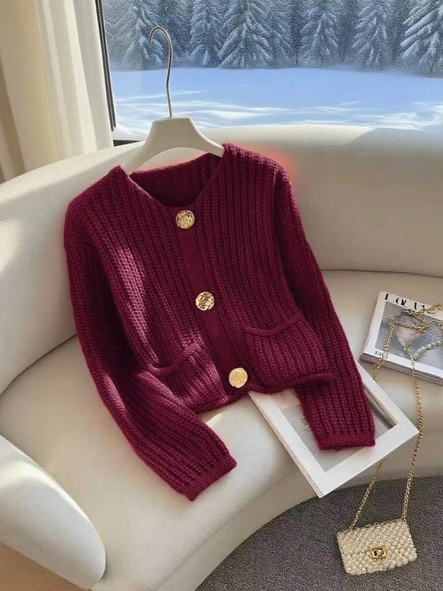 GlowEve 休闲时尚纽扣装饰纯色针织毛衣，女士针织套头衫，秋冬款 - 酒紅色 - 查看 1