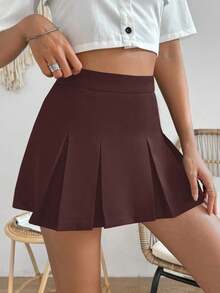 Chiquease Casual Solid Color Pleated Mini Skirt, Summer - Bronze - View 4