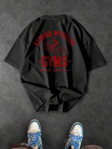 Manfinity Sport Corelite 男士休闲字母印花短袖运动T恤 - 黑色 - 查看 1