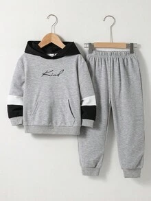 2pcs Kids Boy Back-To-School Set,Casual Street Style Solid Color Hooded Pullover Sweatshirt & Relaxed Fit Long Pants,Suitable For School,Autumn,Garden - Multicolor - View 1