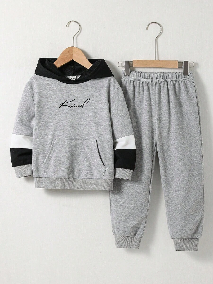 2pcs Kids Boy Back-To-School Set,Casual Street Style Solid Color Hooded Pullover Sweatshirt & Relaxed Fit Long Pants,Suitable For School,Autumn,Garden - Multicolor - View 1