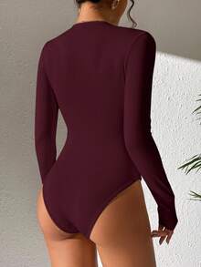 SHEIN PETITE Solid Slim Fit Spring Women Tee Style Bodysuit - Burgundy - View 2