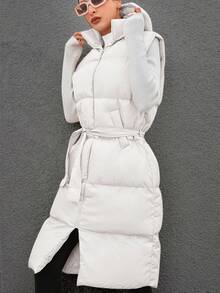 EURMUSE Solid Zip Up Hooded Puffer Vest Coat - White - View 4