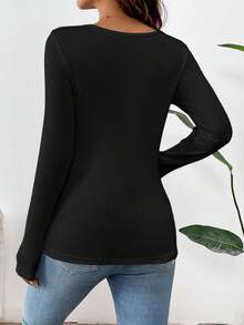 Modmama Maternity Solid Color Round Neck Long Sleeve Nursing Top Breastfeeding Top - Black - View 2