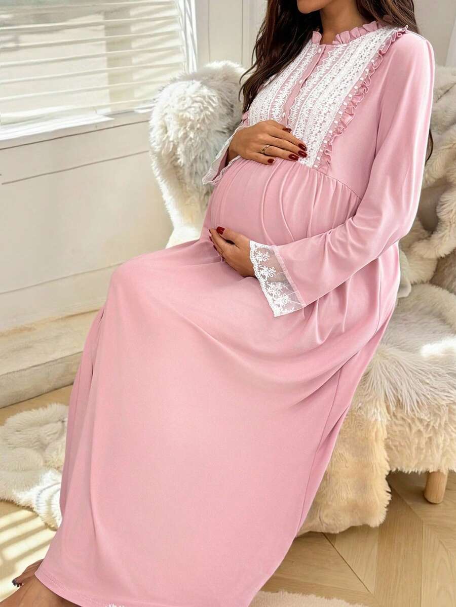Slowluna Vestido de maternidad casual de manga larga con aplicaciones de encaje y adornos florales - Rosa - Ver 1