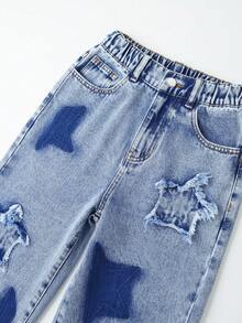 SHEIN Casuvi Kids 超大 Y2K 街头风格宽松牛仔裤，适合青少年女孩，浅洗蓝色，带星星刺绣松紧腰带 - 淺色水洗藍 - 查看 7