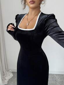 Modelyn 女式天鹅绒方领束腰优雅时尚连衣裙 - 黑色 - 查看 4