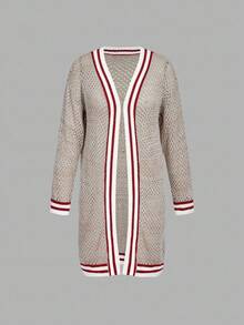 Skyraze Women's Casual Striped Trim Hollow Out Cardigan In Fall/Winter - Khaki - View 1