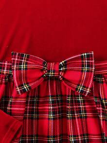 SHEIN Tween Girl Casual Minimalist Comfortable Round Neck Pullover Solid Color Patchwork Plaid Bow Decor Autumn Dress - Red - View 3