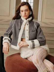 SHEIN Unity Áo khoác cách nhiệt dáng ngắn dành cho nữ, phù hợp cho mùa thu, mùa đông, đi chơi, thanh lịch, trang trọng, tiệc tùng, sang trọng, năm mới, giáng sinh, công sở, tốt nghiệp, đám cưới - Màu xám đen - Xem 6