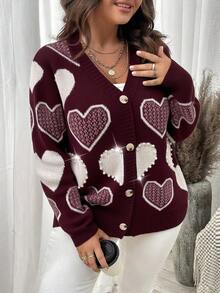 Elenzga Plus Size Casual Colorblock Heart Studded Embellished Cardigan, Autumn - Burgundy - View 6