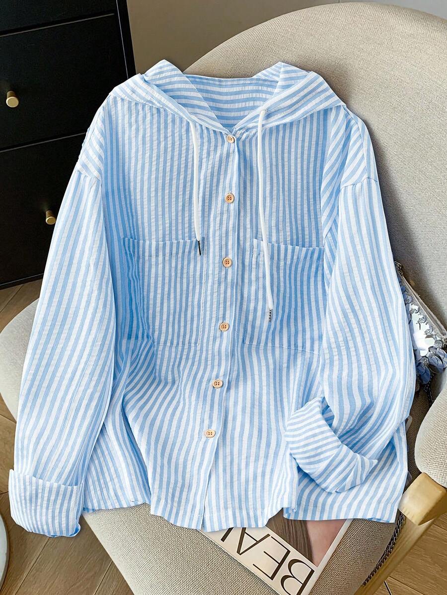 GlowEve CURVE 大码女式优雅条纹衬衫裙轻盈宽松连帽运动衫，适合夏秋季节 - 藍白色 - 查看 1