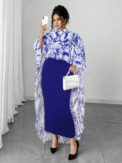 Elenzga Ensemble 2 pièces élégant avec top cape à volants en mousseline de soie à imprimé floral col V et robe camisole en tricot, grande taille