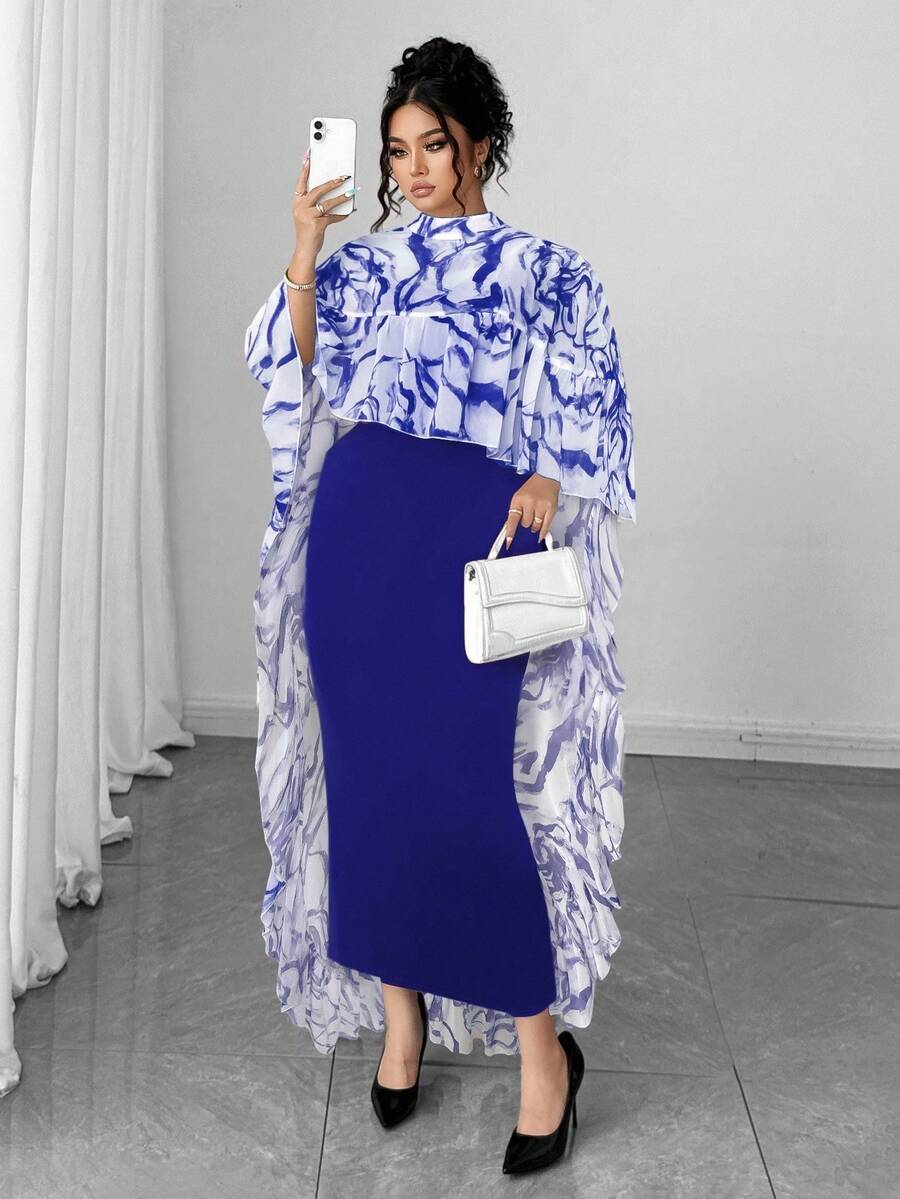 Elenzga Áo choàng voan cổ chữ V họa tiết hoa viền bèo nhún cỡ lớn + Đầm hai dây dệt kim thanh lịch bộ 2 món - Xanh đậm - Xem 1