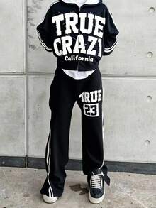 SHEIN 2pcs Kids/Teen Boys Casual Everyday Versatile Comfortable Letter Print Graphic Open Front Loose Long Sleeve Hoodie And Relaxed Fit Printed Sweatpants Knit Outfit Set Suitable For Birthday Parties, Evening Parties, Performances, Weddings, Baptisms, Opening Ceremonies Daily Suitable For Daily Use Suitable For School Suitable For Travel Suitable For Sports Suitable For Autumn And Winter Fall Jogging Hoodie - Black - View 8