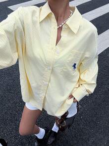 Muchica 女士刺绣米色条纹宽松长袖衬衫 - 黃色 - 查看 6