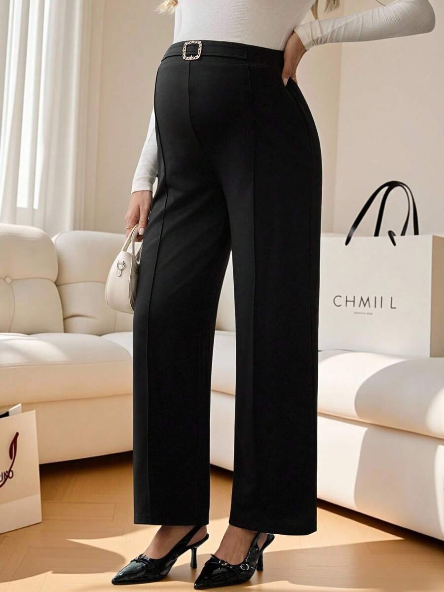 SHEIN Maternity Solid Color Waist Buckle Design Wide Leg Loose Elegant Office Pants - Black - View 1