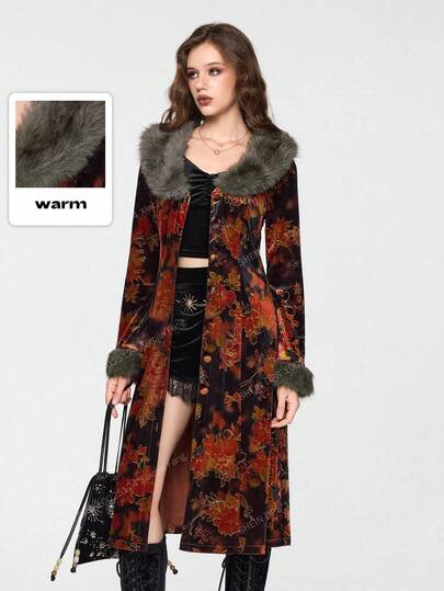 EDITION Vintage Floral Print Plush Patchwork Cardigan Jacket For Women, Halloween