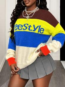 BamGleam Women's Sweaters,Knitted Long Sleeves,Loose Multi-Color Blue White Stripe,Autumn,Streetwear,School,Back-To-School,Leisure Parties,Spring And Winter - Multicolor - View 1