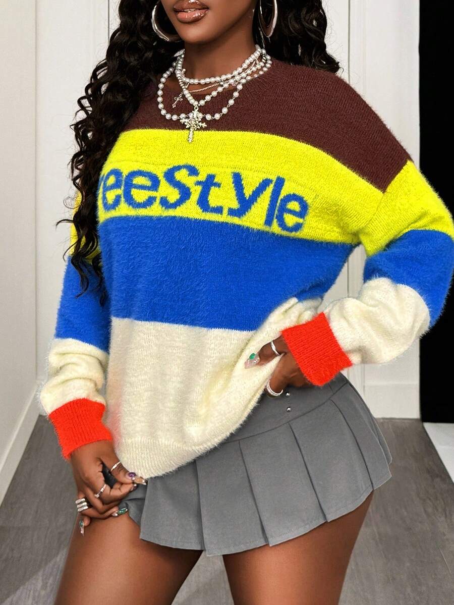 BamGleam Women's Sweaters,Knitted Long Sleeves,Loose Multi-Color Blue White Stripe,Autumn,Streetwear,School,Back-To-School,Leisure Parties,Spring And Winter - Multicolor - View 1