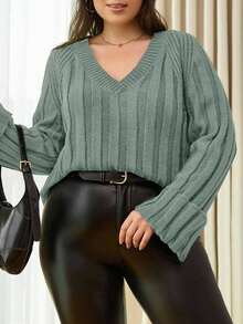 SHEIN Cottnline Suéter de manga raglán de unicolor de talla grande - verde menta - Ver 3