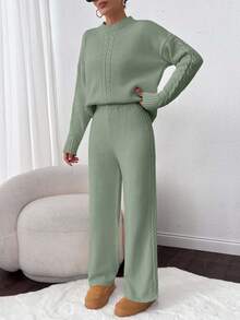 EURMUSE 2pcs Solid Color Knitted Sweater And Pants Set, Casual For Autumn/Winter - Mint Green - View 5