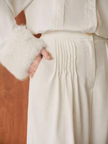 Uhlyne Women's Autumn White Faux Fur Patchwork Wide Leg Pants, Minimalist Pleated Trousers, Versatile For Business, Casual And Holiday Wear - White - View 8