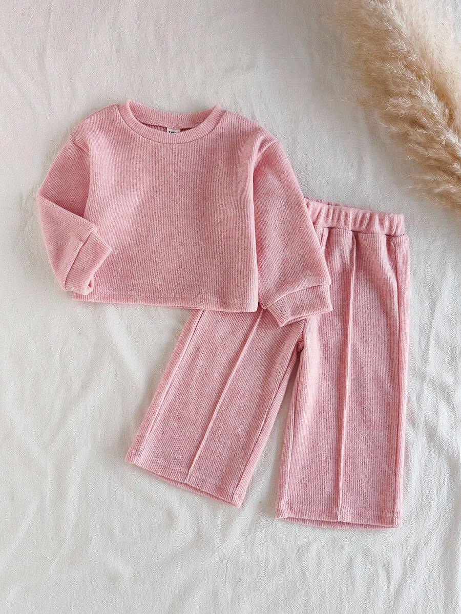 SHEIN 2pcs Baby Girls Casual Versatile Long Sleeve Top And Pants Set, Suitable For Spring, Autumn And Winter, Daily Wear Fall - Pink - View 1