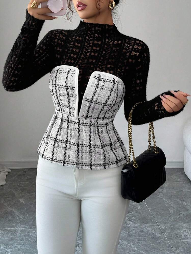 Women's Elegant 2 In 1 Contrast Lace Base Layer T-Shirt Long Sleeve Top