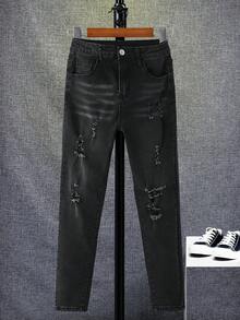 SHEIN Tween Boy Fashion Black Streetwear School Back-To-School Summer Y2k Vintage Ripped Frayed Skinny Jeans Kids Stretch Denim Pants Comfortable Dailywear - Black - View 3