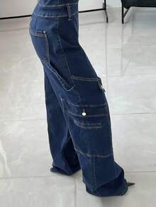 StreetHx Women's Loose Casual Denim Jumpsuit With Pockets And Wide Legs - Medium Wash - View 7