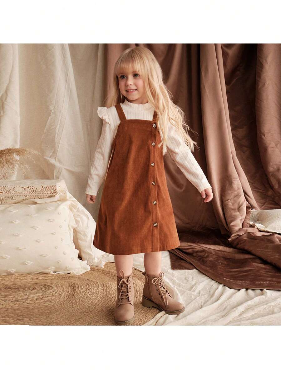 Loomiva Ensemble de t-shirt à manches longues décontracté pour jeune fille, ensemble tricoté côtelé 2 pièces, vêtements d'automne. Ensemble robe pull en velours côtelé, ensemble robe en velours côtelé, ensemble col roulé, ensemble volant ourlet, ensemble robe marron, tenue marron pour enfants - Blanc - Voir 1