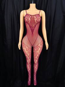SHEIN Body sexy para mujer, diseño de malla transparente burdeos sin entrepierna - Burdeos - Ver 6