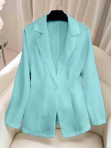 SHEIN LUNE 女式休闲纯色长袖轻便西装外套 - 藍色 - 查看 1