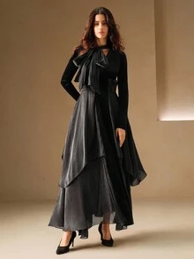 Anewsta 女士拼接长裙，优雅时尚礼服 - 黑色 - 查看 5