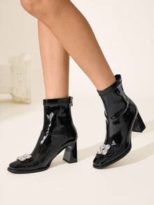 CUCCOO CHICEST Women's Fashionable French Style Ankle Boots With Chunky Heels And Square Toe - Black - View 6