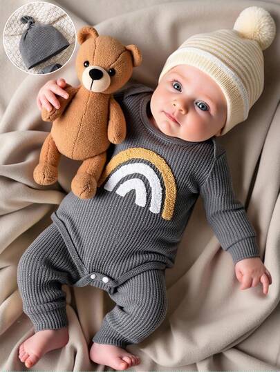SHEIN 男婴圆领长袖连体衣和裤子套装，秋冬季款